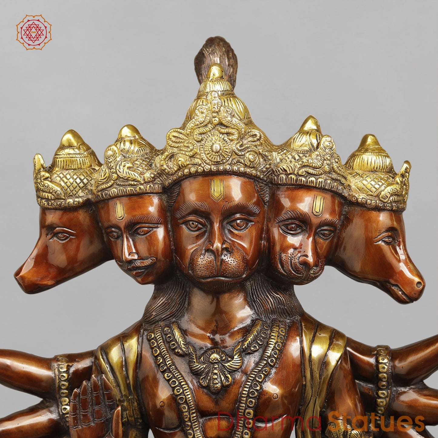 Brass Panchmukhi Hanuman Ji Standing Fine, Copper And Gold 30"