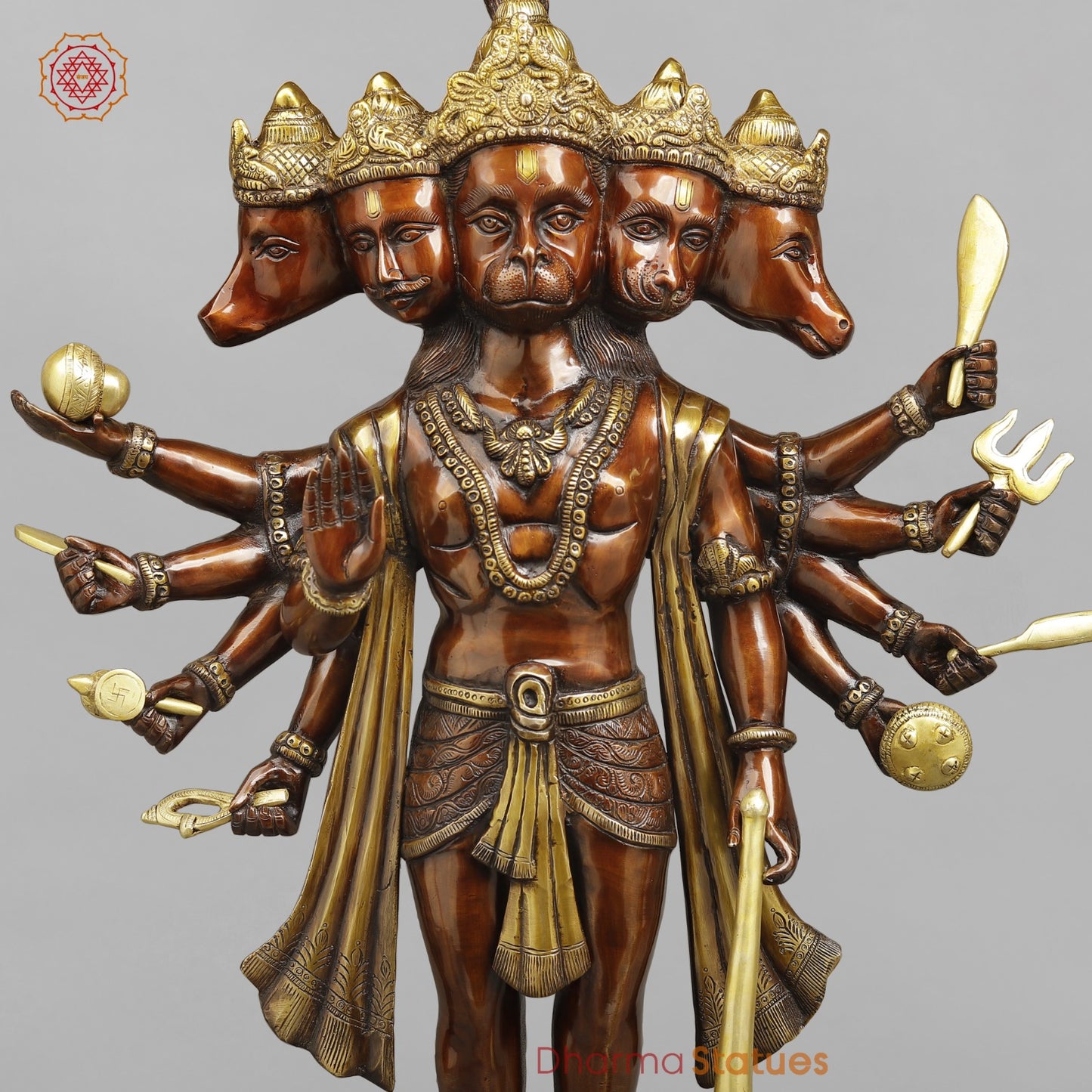 Brass Panchmukhi Hanuman Ji Standing Fine, Copper And Gold 30"