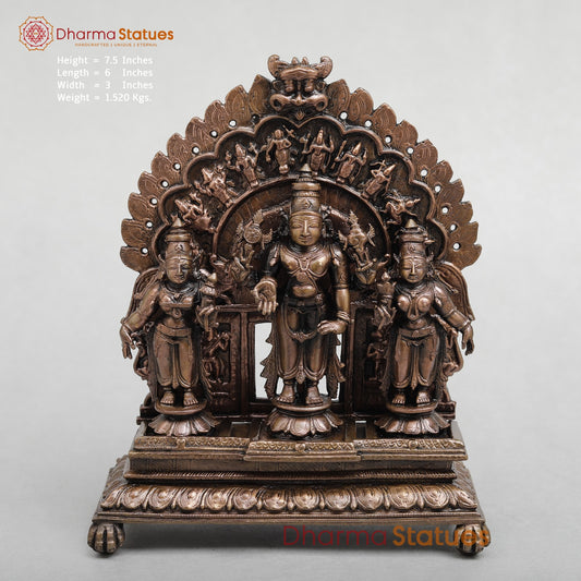 Copper Vishnu, Sridevi, Bhudevi With Arch Fine 7.5"