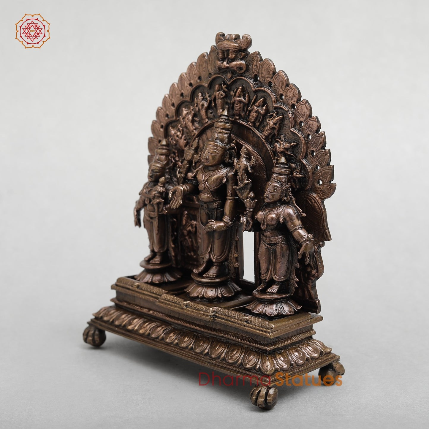 Copper Vishnu, Sridevi, Bhudevi With Arch Fine 7.5"