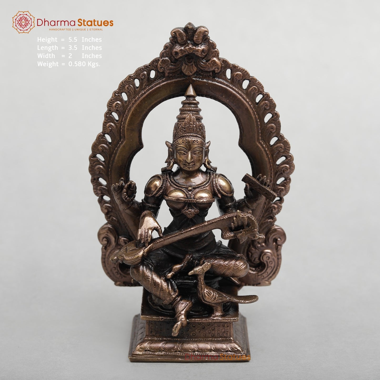 Copper Saraswati Seated With Arch 5.5”