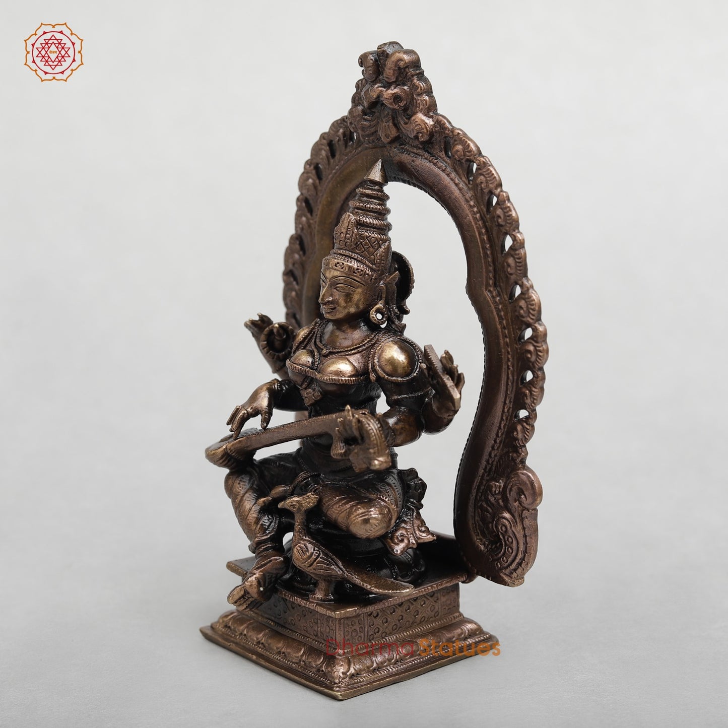 Copper Saraswati Seated With Arch 5.5”