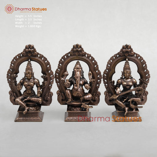 Copper Ganesh Lakshmi Saraswati with Arch Seated fine 5.5"