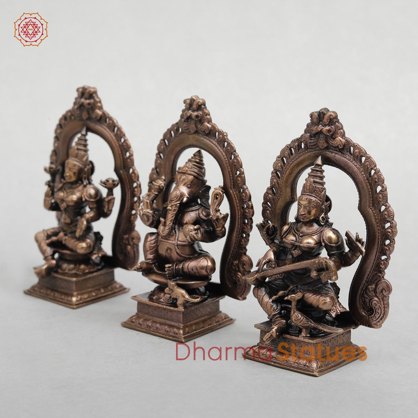 Copper Ganesh Lakshmi Saraswati with Arch Seated fine 5.5"
