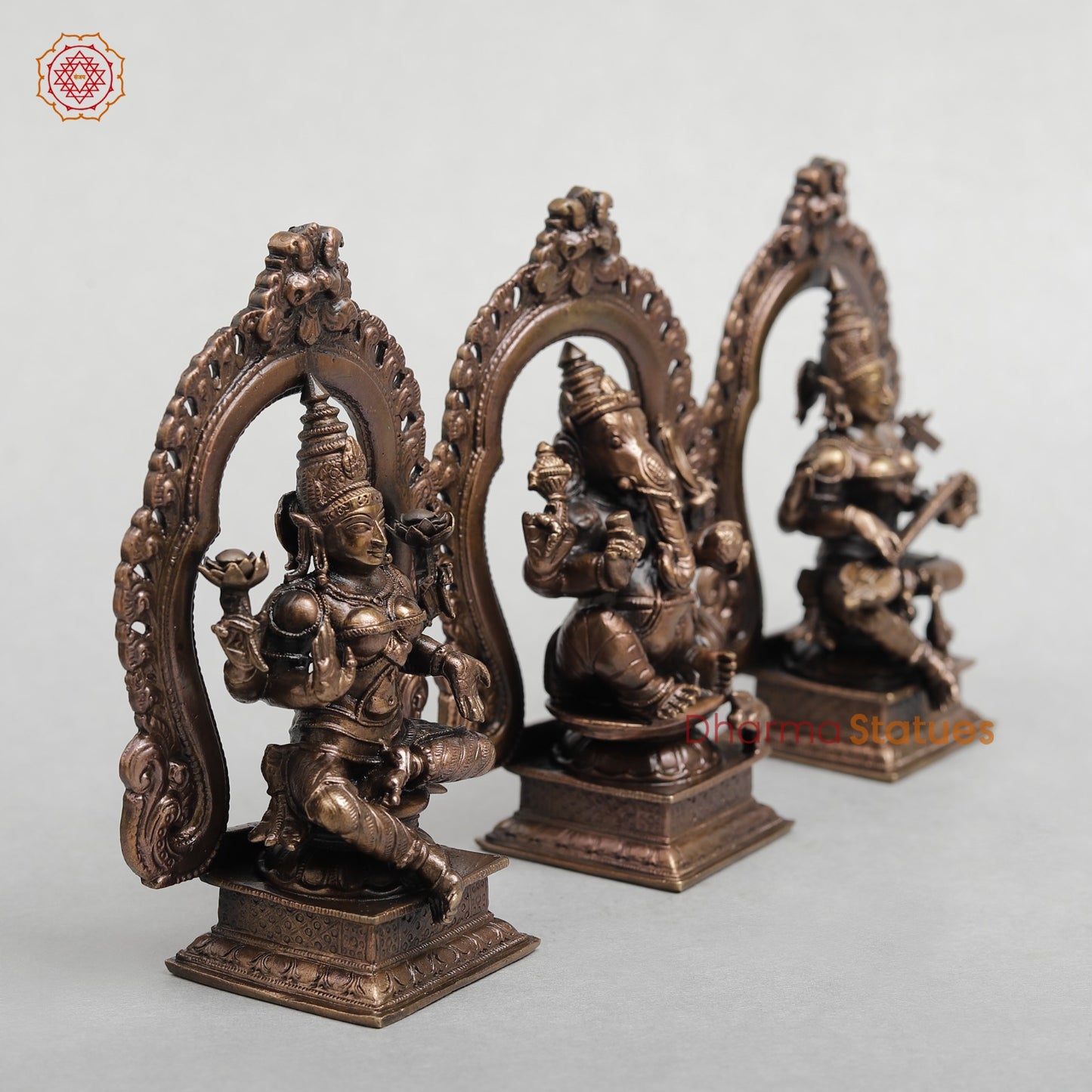 Copper Ganesh Lakshmi Saraswati with Arch Seated fine 5.5"