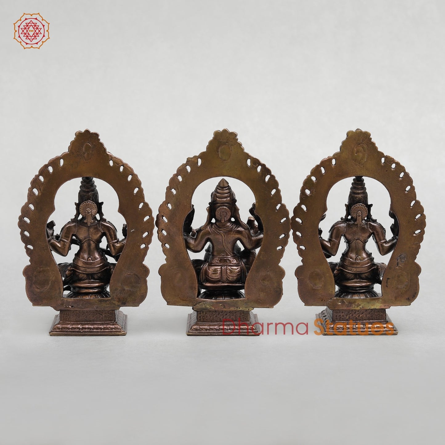 Copper Ganesh Lakshmi Saraswati with Arch Seated fine 5.5"