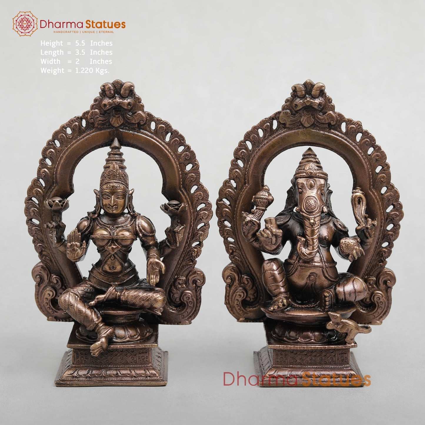 Copper Ganesh Lakshmi with Arch Seated fine 5.5"