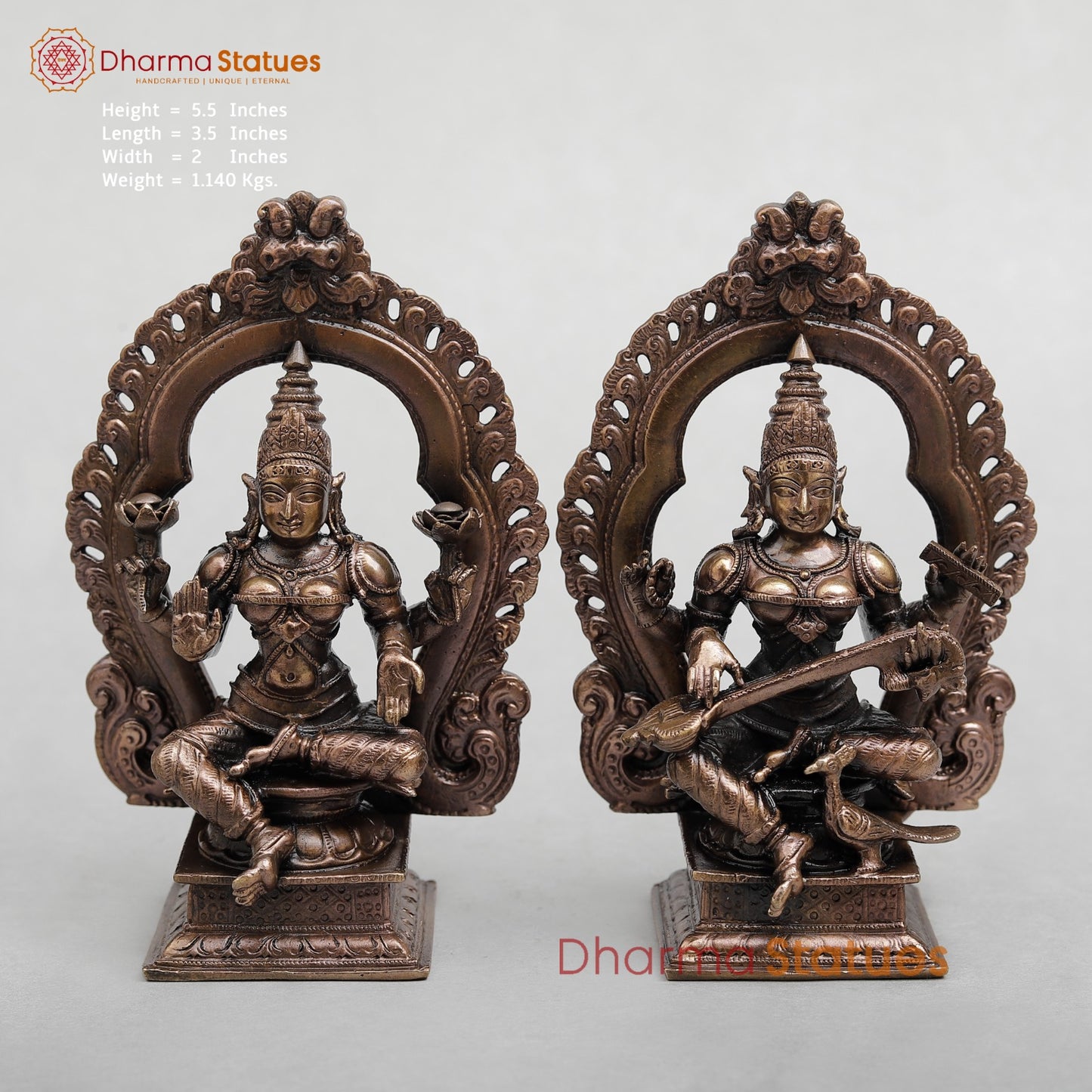 Copper Lakshmi Saraswati with Arch Seated fine 5.5"