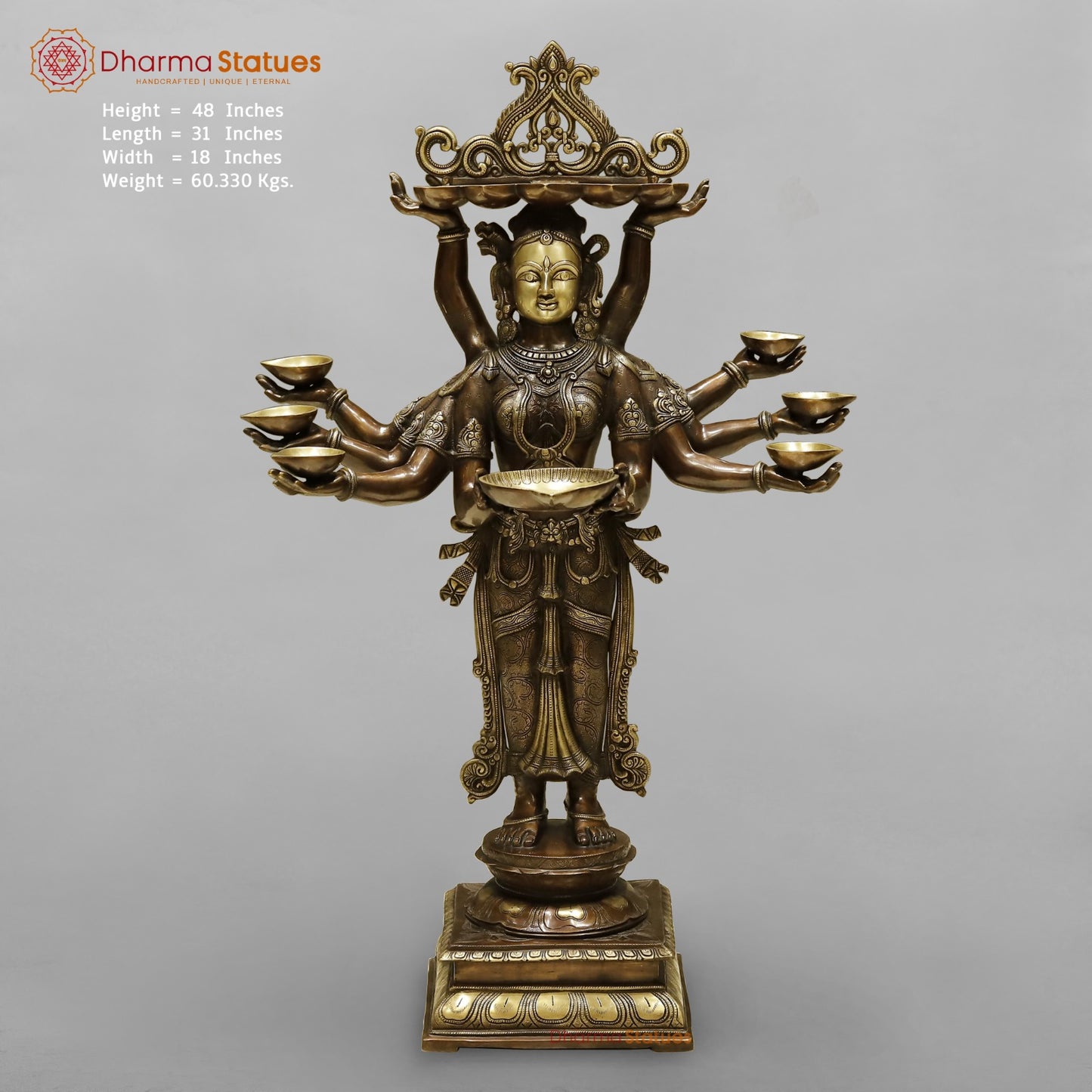 Brass Deep Lady With Multiple Hands (South India Made) Fine, Copper and Smooth Finish 48”