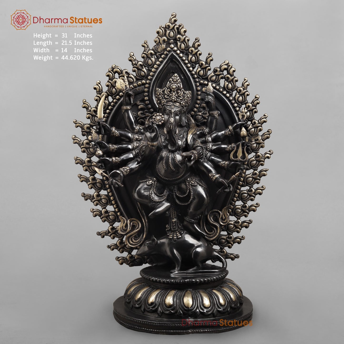 Brass Ganesh dancing With Many Hands on Rat Fine, Royal black Finish 31”