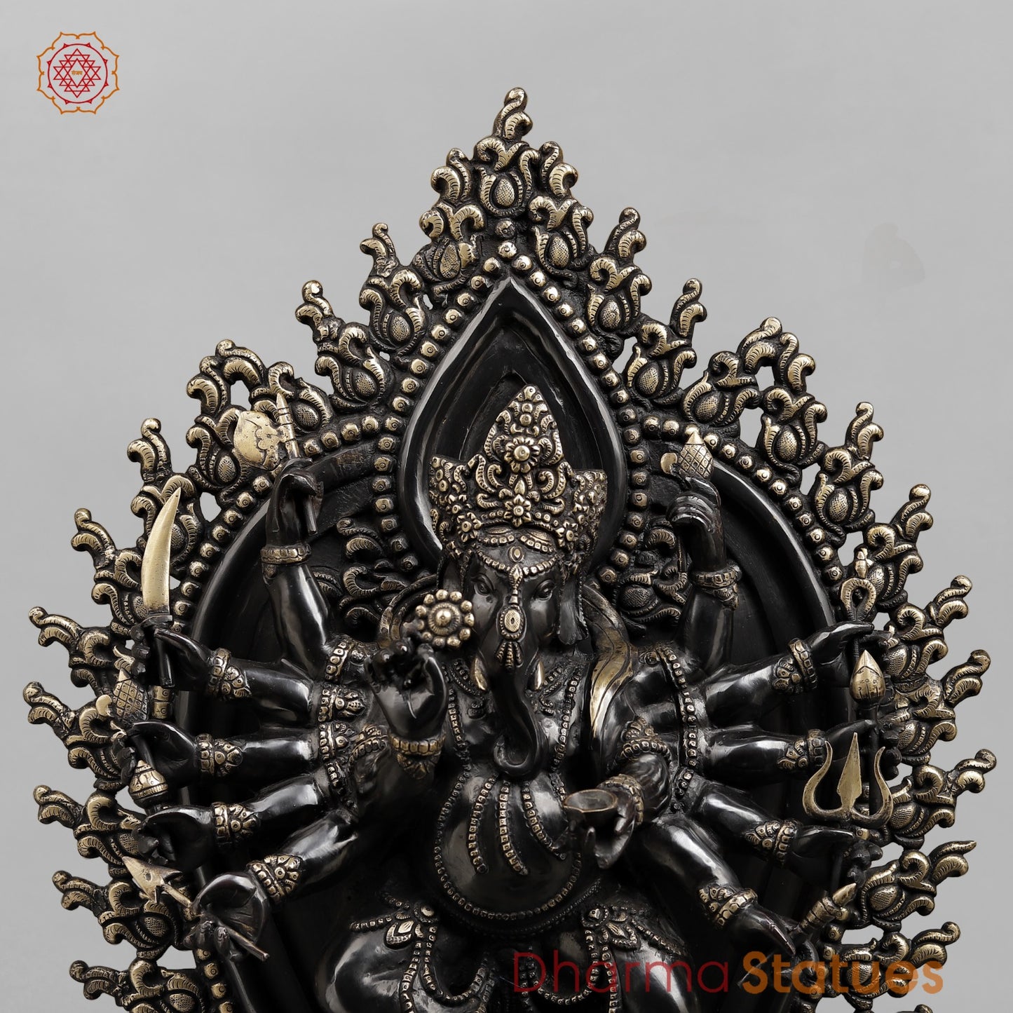 Brass Ganesh dancing With Many Hands on Rat Fine, Royal black Finish 31”
