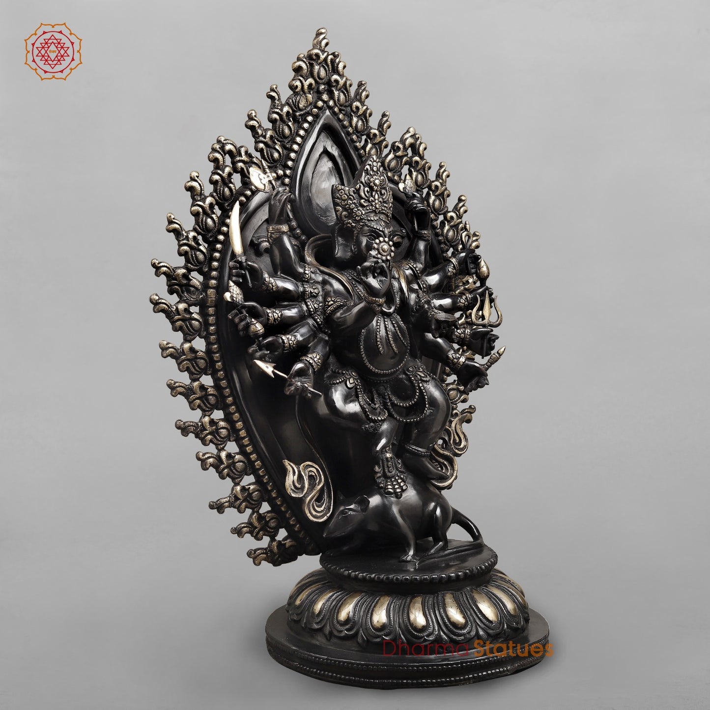Brass Ganesh dancing With Many Hands on Rat Fine, Royal black Finish 31”