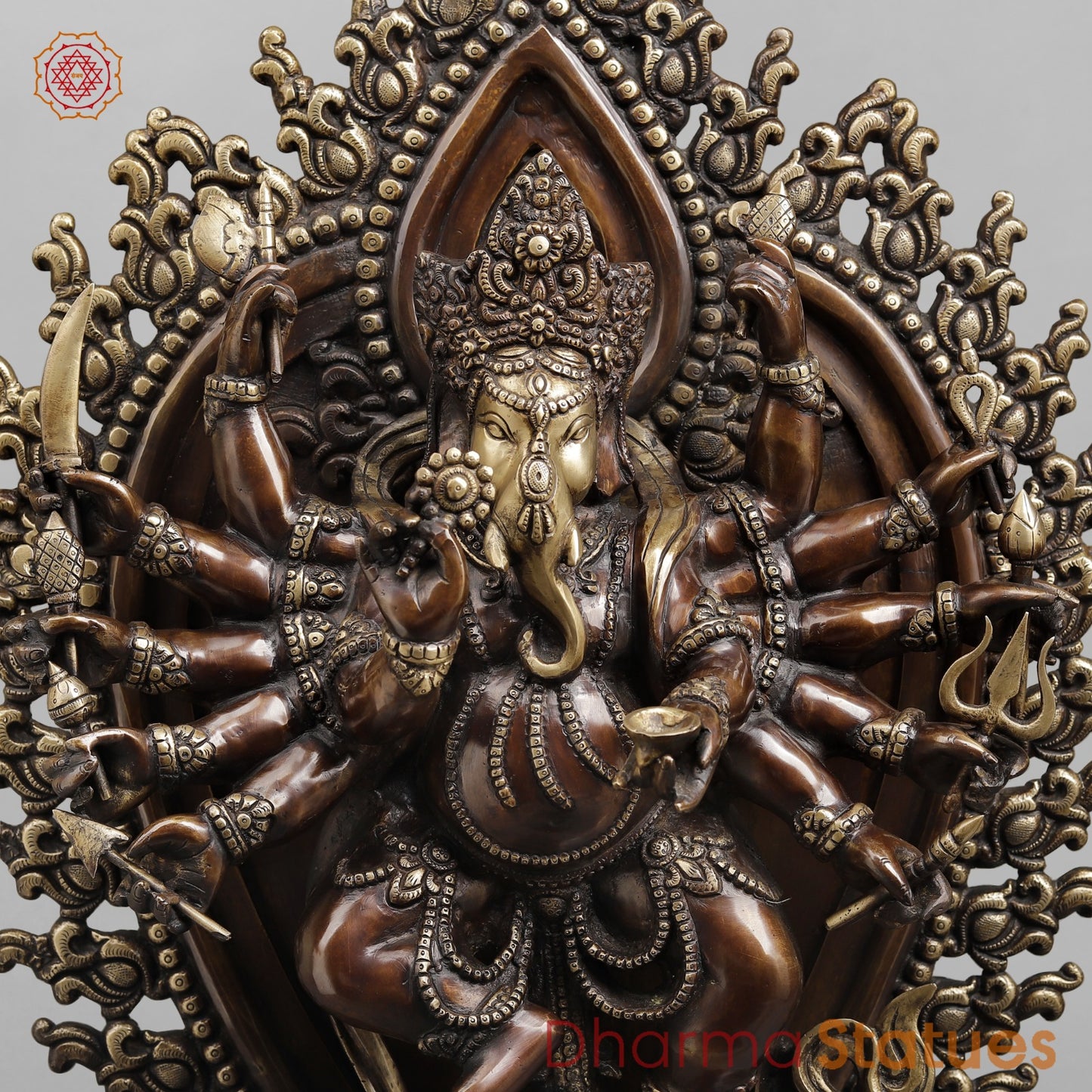Brass Ganesh dancing With Many Hands on Rat Fine, Copper & Smooth Finish 31”