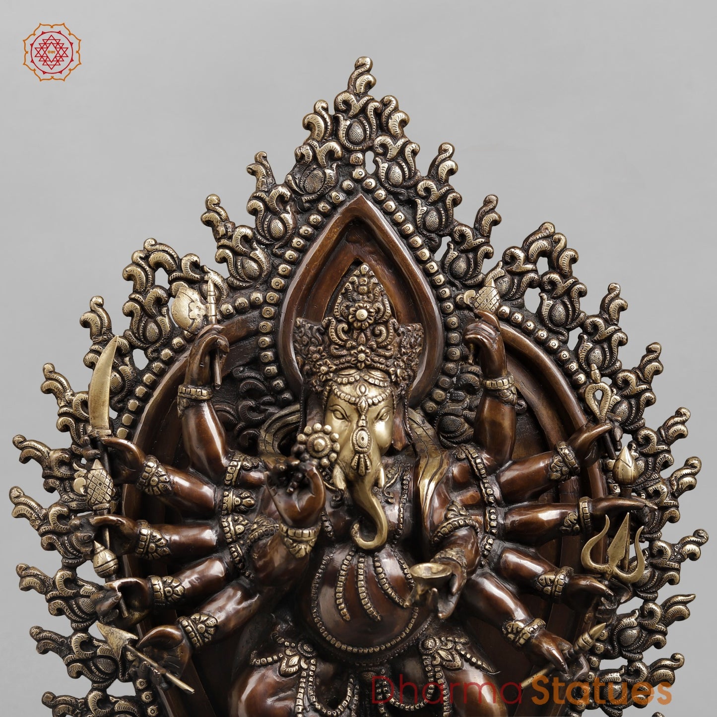 Brass Ganesh dancing With Many Hands on Rat Fine, Copper & Smooth Finish 31”