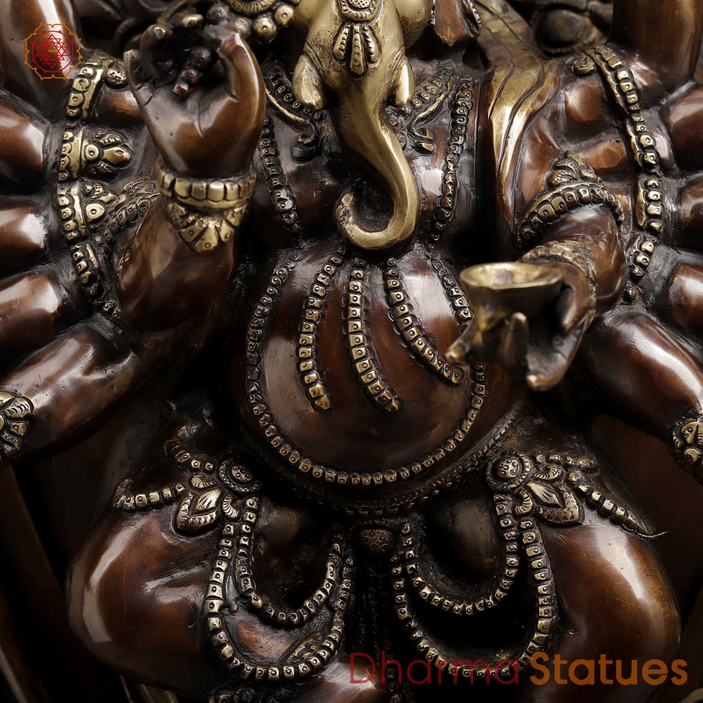 Brass Ganesh dancing With Many Hands on Rat Fine, Copper & Smooth Finish 31”