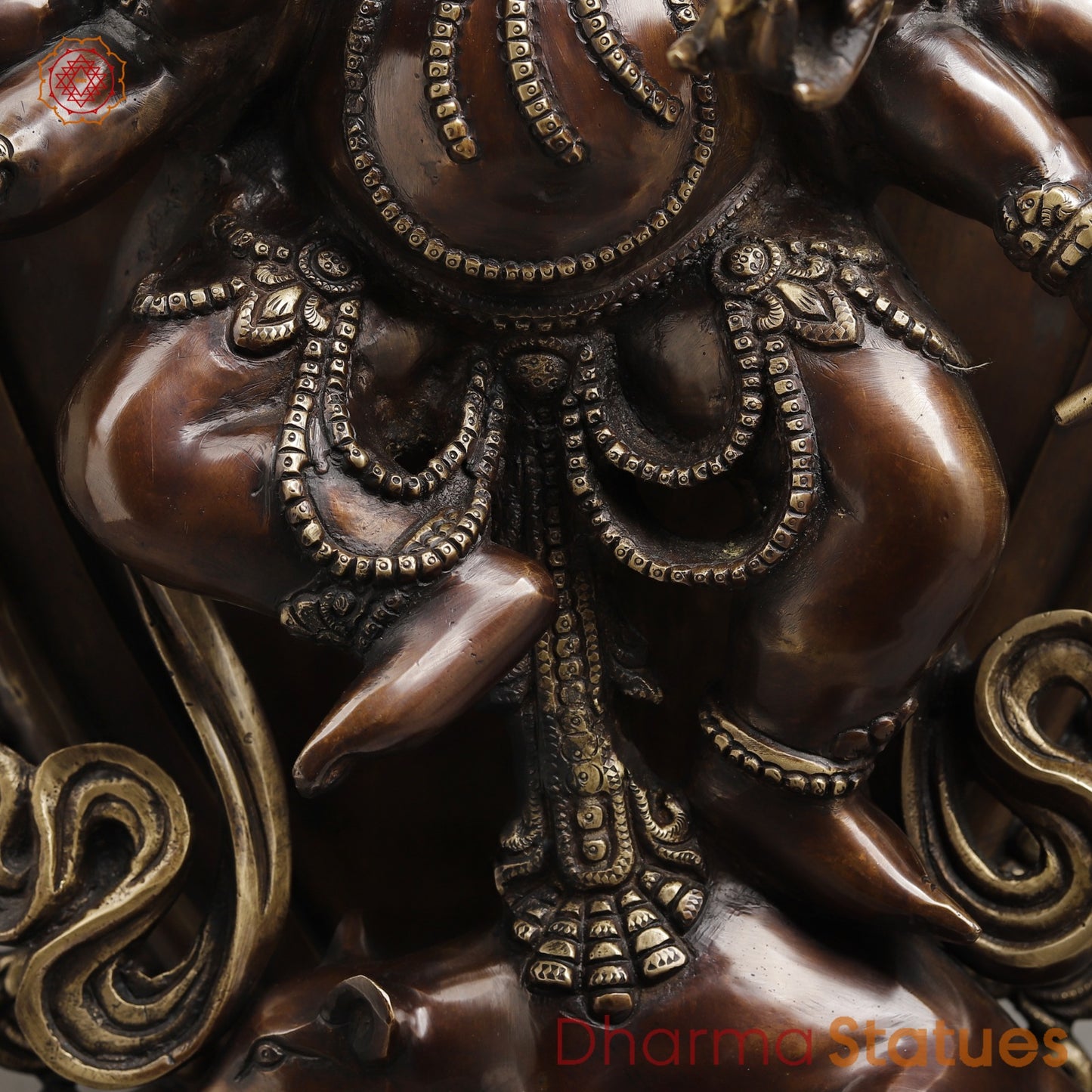 Brass Ganesh dancing With Many Hands on Rat Fine, Copper & Smooth Finish 31”