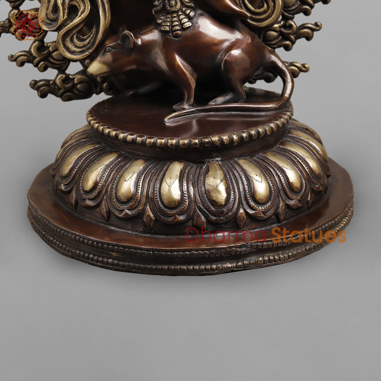 Brass Ganesh dancing With Many Hands on Rat Fine, Copper & Smooth Finish 31”