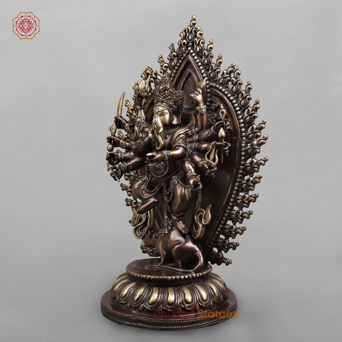 Brass Ganesh dancing With Many Hands on Rat Fine, Copper & Smooth Finish 31”