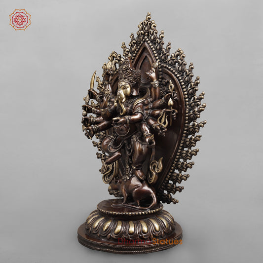 Brass Ganesh dancing With Many Hands on Rat Fine, Copper & Smooth Finish 31”