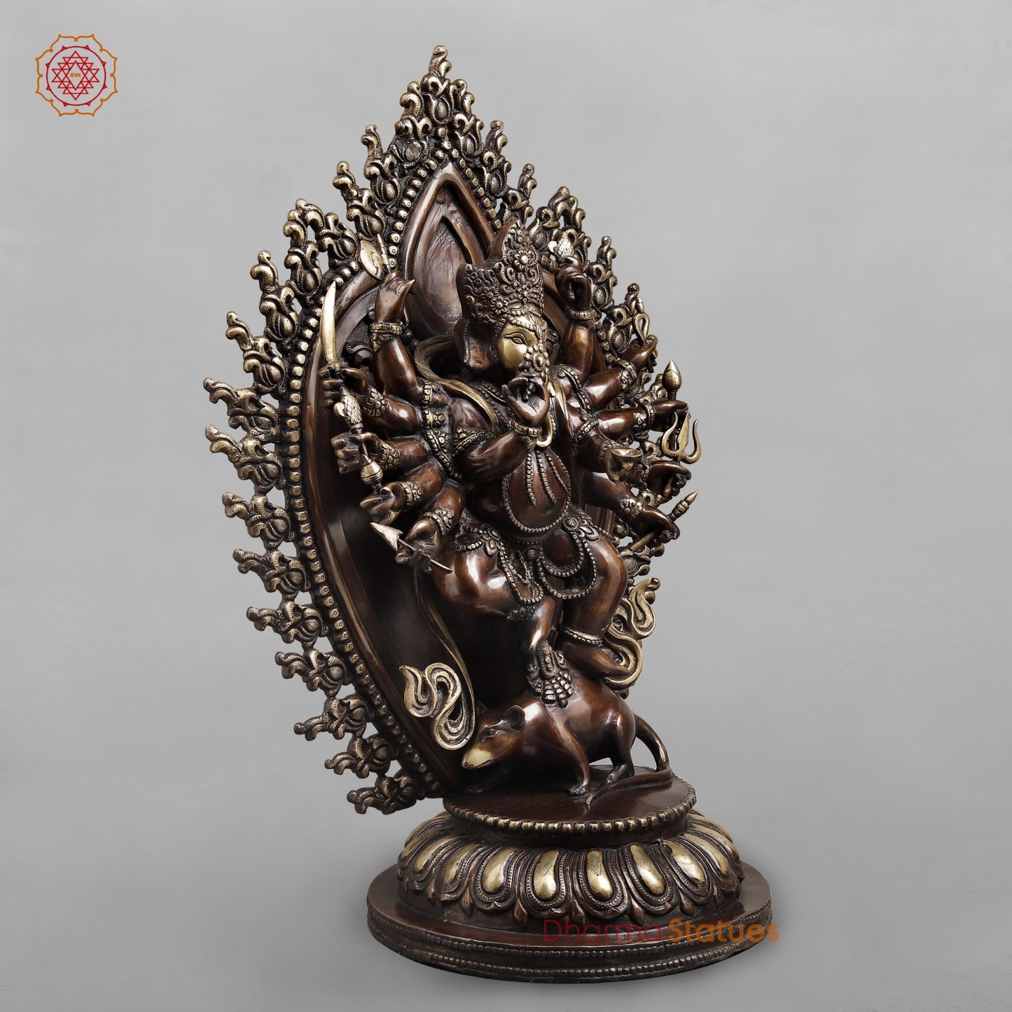 Brass Ganesh dancing With Many Hands on Rat Fine, Copper & Smooth Finish 31”