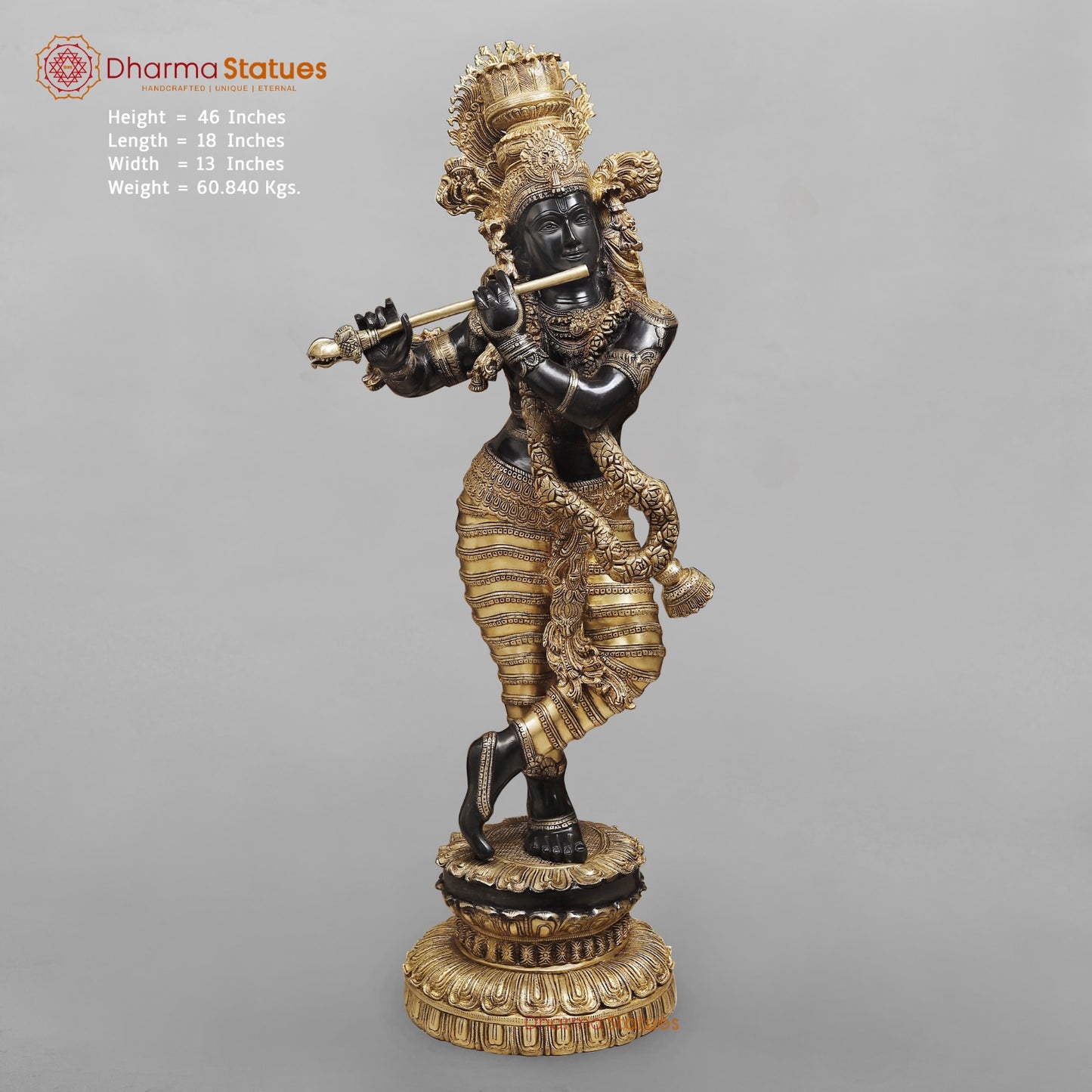 Brass Krishna Standing With Garland Fine, Royal Black And Gold Finish 46”