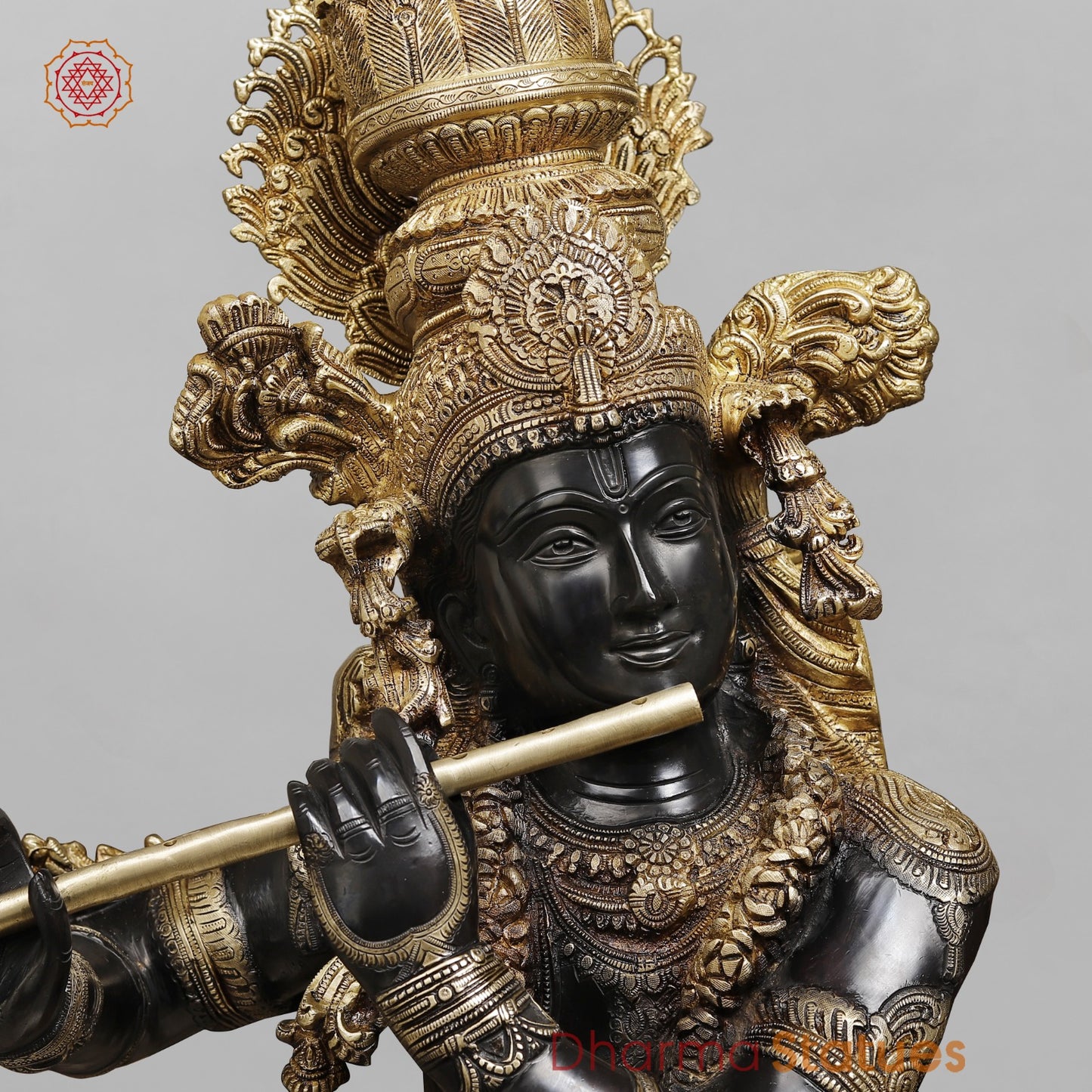 Brass Krishna Standing With Garland Fine, Royal Black And Gold Finish 46”