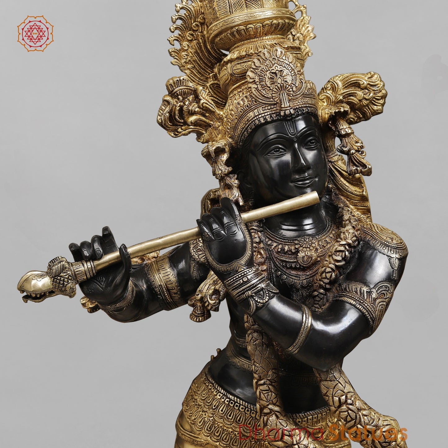 Brass Krishna Standing With Garland Fine, Royal Black And Gold Finish 46”