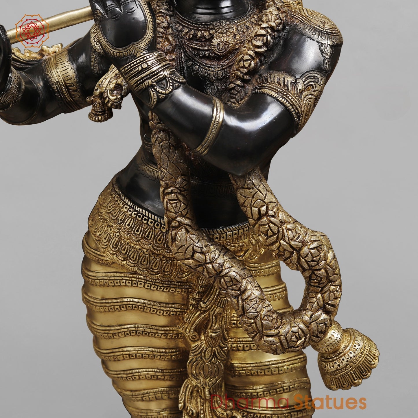 Brass Krishna Standing With Garland Fine, Royal Black And Gold Finish 46”
