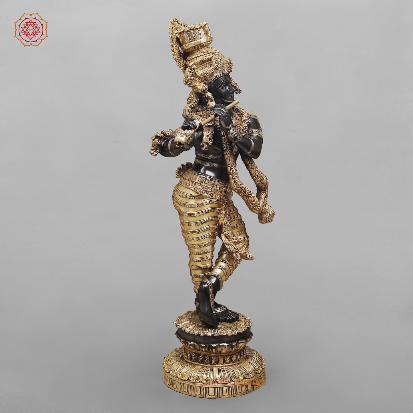 Brass Krishna Standing With Garland Fine, Royal Black And Gold Finish 46”