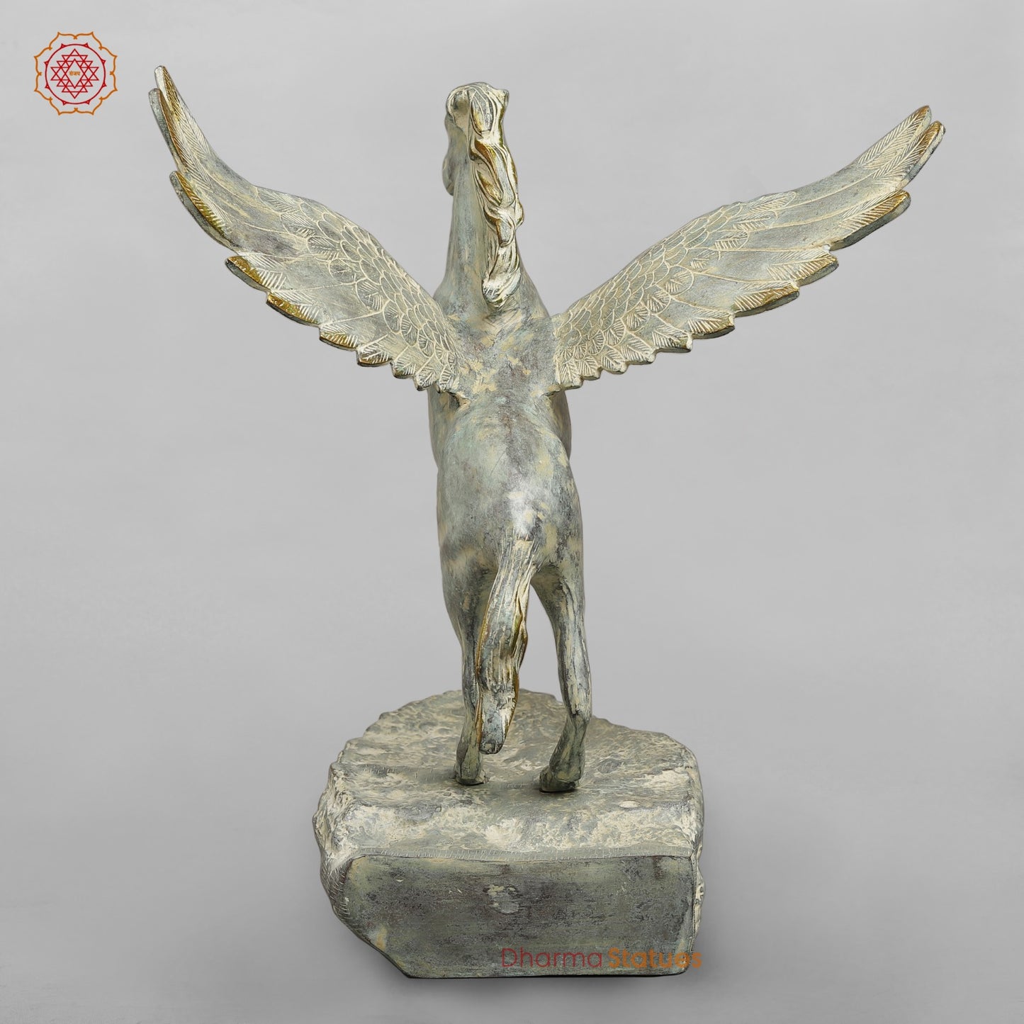 Brass Horse Flying From the Edge, Green Patina Finish 19”