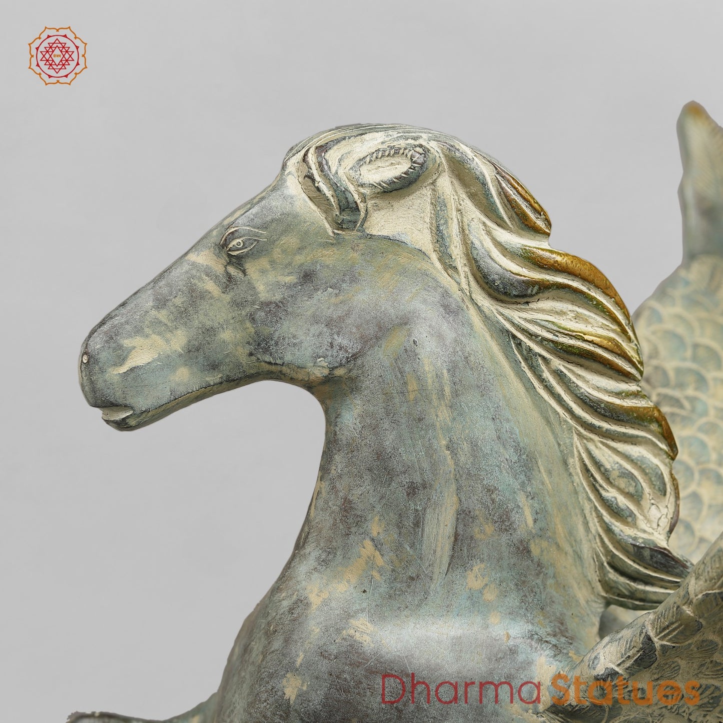 Brass Horse Flying From the Edge, Green Patina Finish 19”