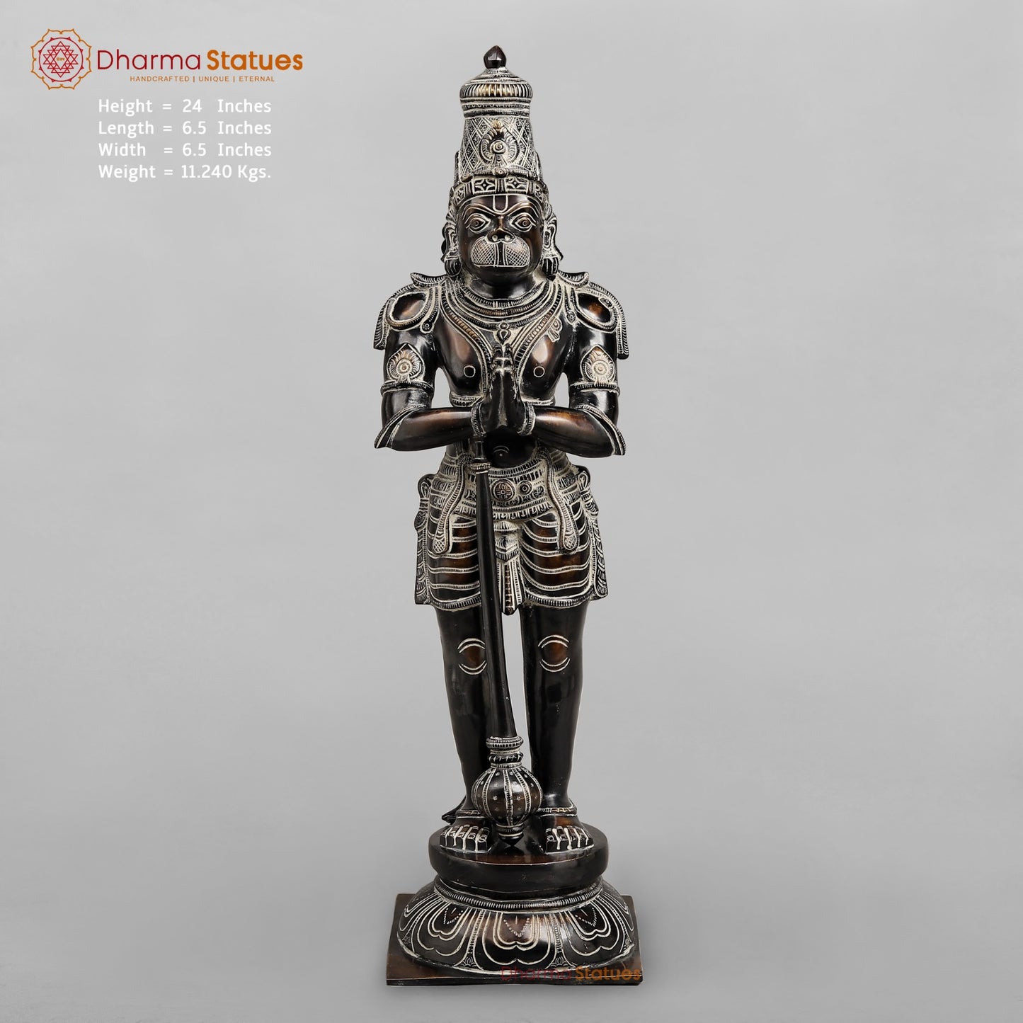 Brass Hanuman Standing Fine, Antique Rustic Finish 24”