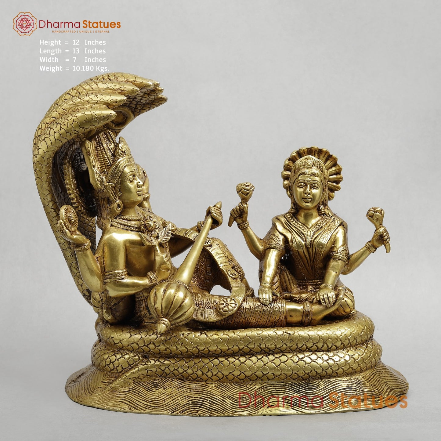 Brass Vishnu Lakshmi Resting in Snake Fine, Golden Finish 13”