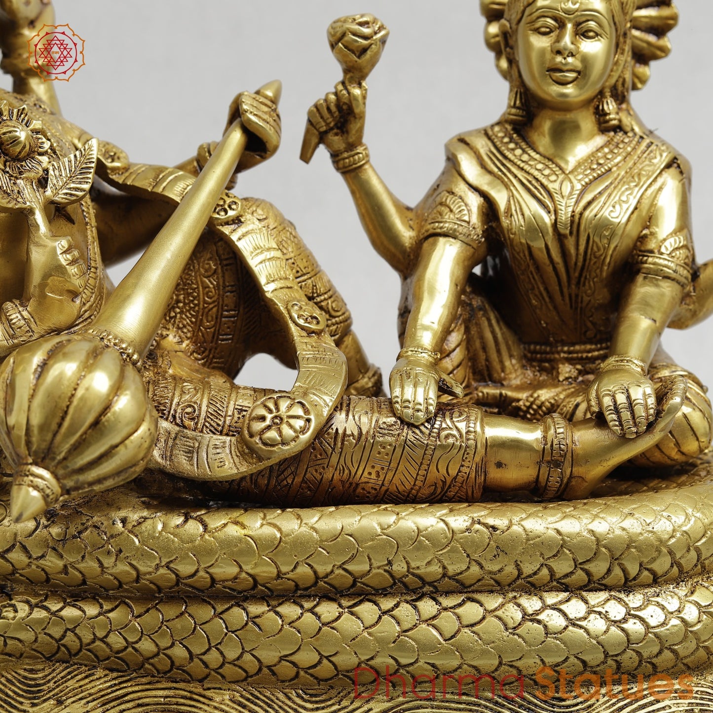 Brass Vishnu Lakshmi Resting in Snake Fine, Golden Finish 13”