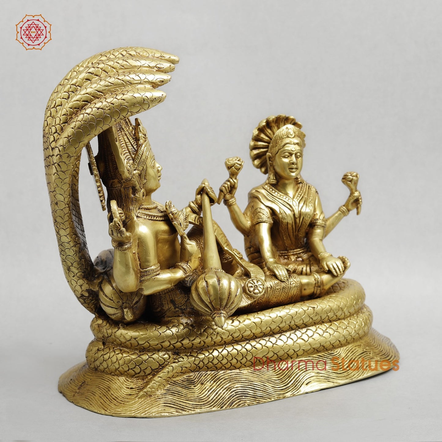Brass Vishnu Lakshmi Resting in Snake Fine, Golden Finish 13”