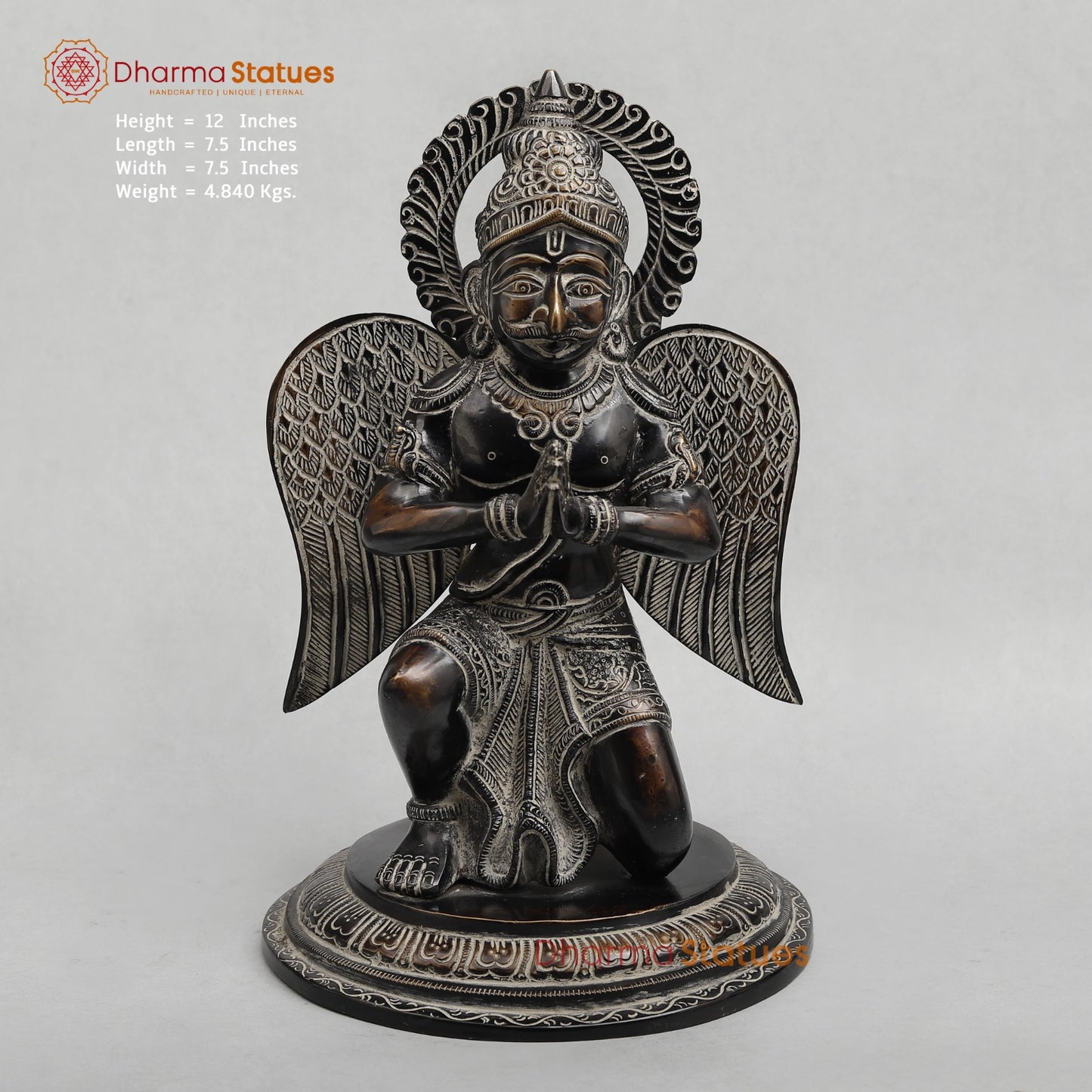 Brass Garuda Seated With Mantra in the Wings Fine, Antique Finish 12”