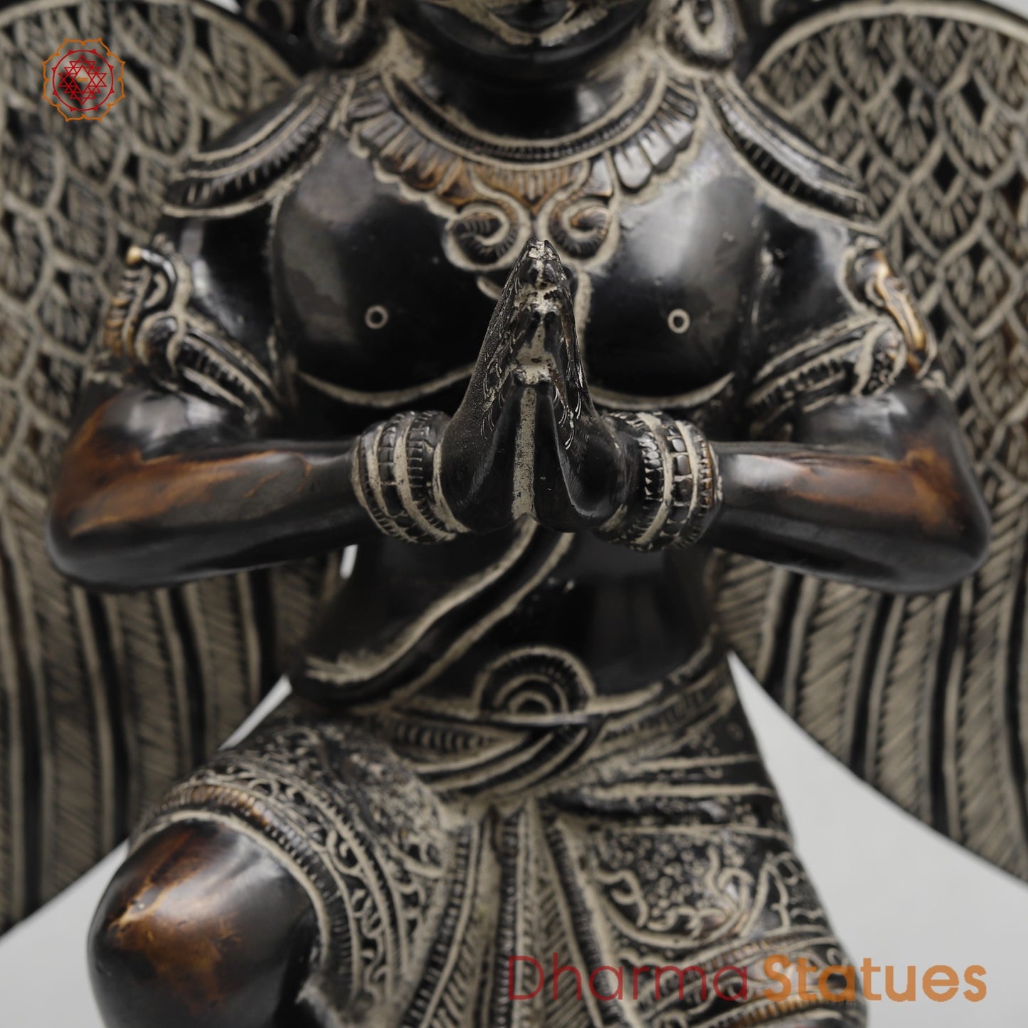 Brass Garuda Seated With Mantra in the Wings Fine, Antique Finish 12”
