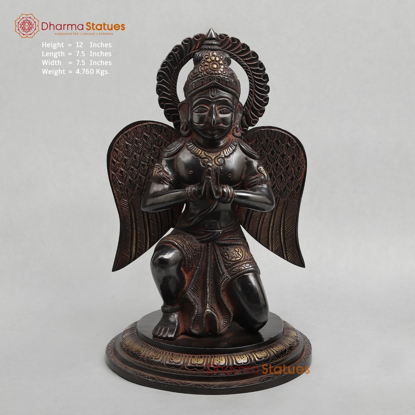 Brass Garuda Seated With Mantra in the Wings Fine, Royal Black with Red Hues Finish 12”