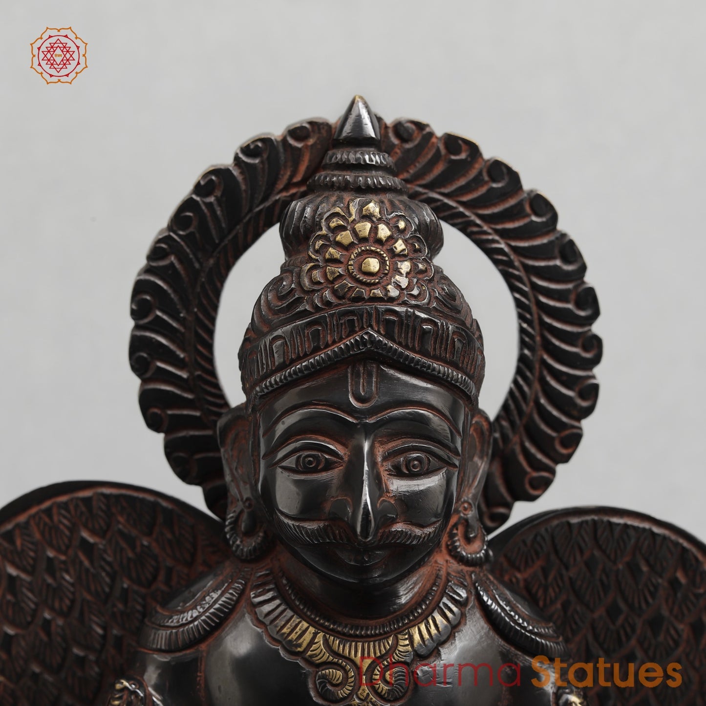 Brass Garuda Seated With Mantra in the Wings Fine, Royal Black with Red Hues Finish 12”
