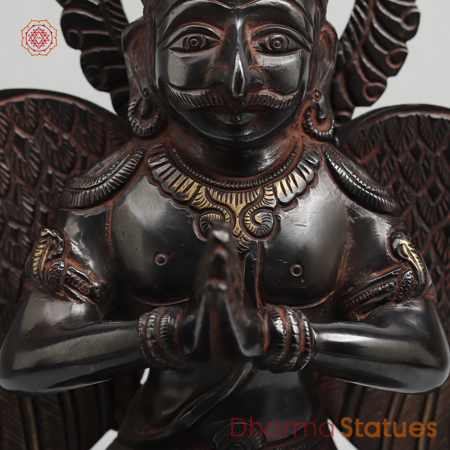 Brass Garuda Seated With Mantra in the Wings Fine, Royal Black with Red Hues Finish 12”