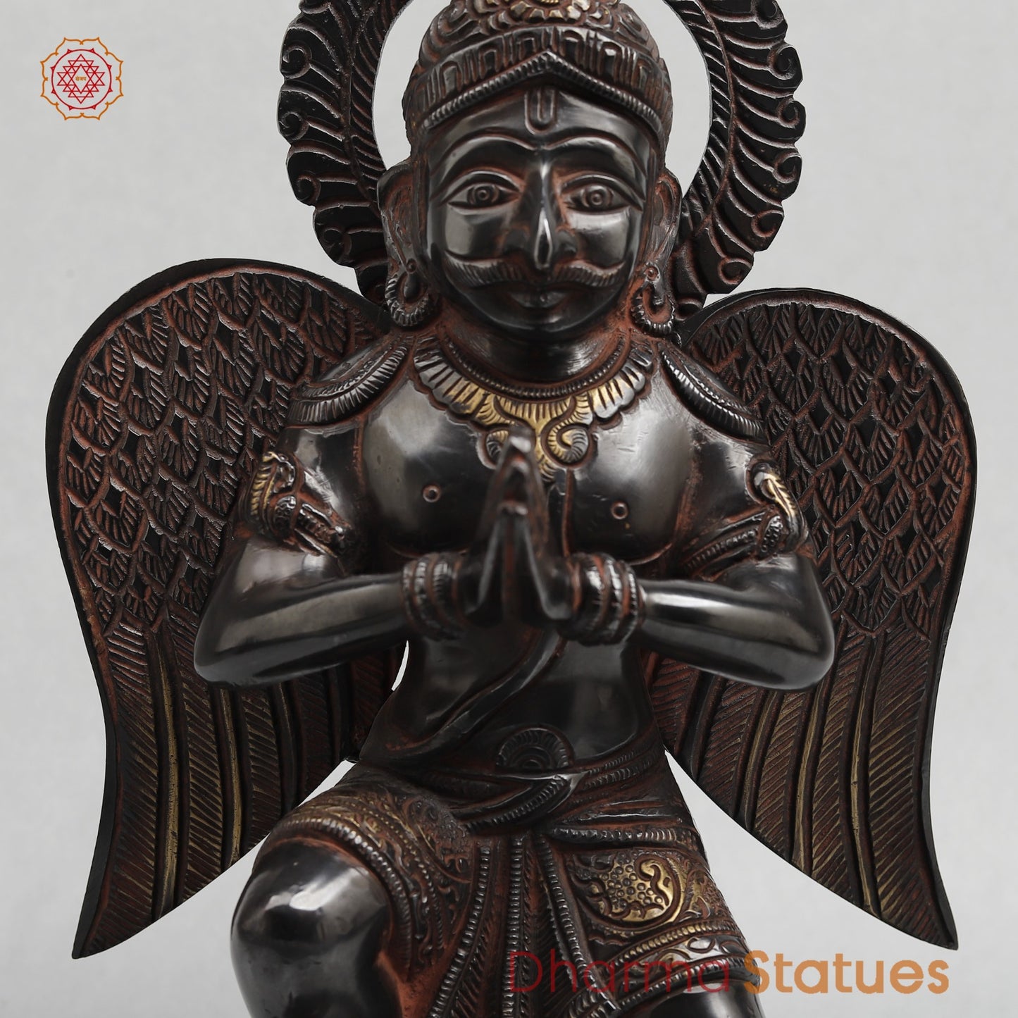 Brass Garuda Seated With Mantra in the Wings Fine, Royal Black with Red Hues Finish 12”