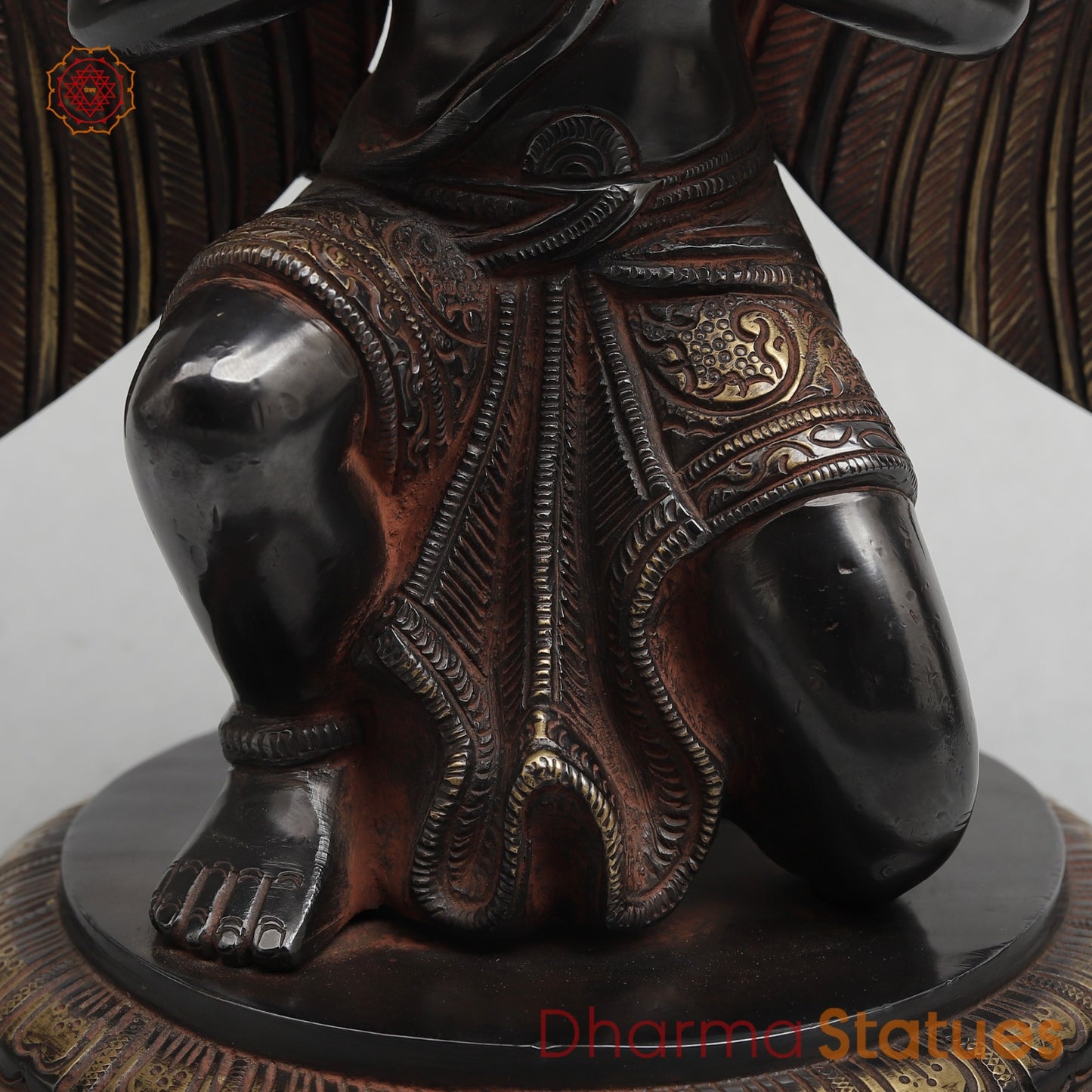 Brass Garuda Seated With Mantra in the Wings Fine, Royal Black with Red Hues Finish 12”