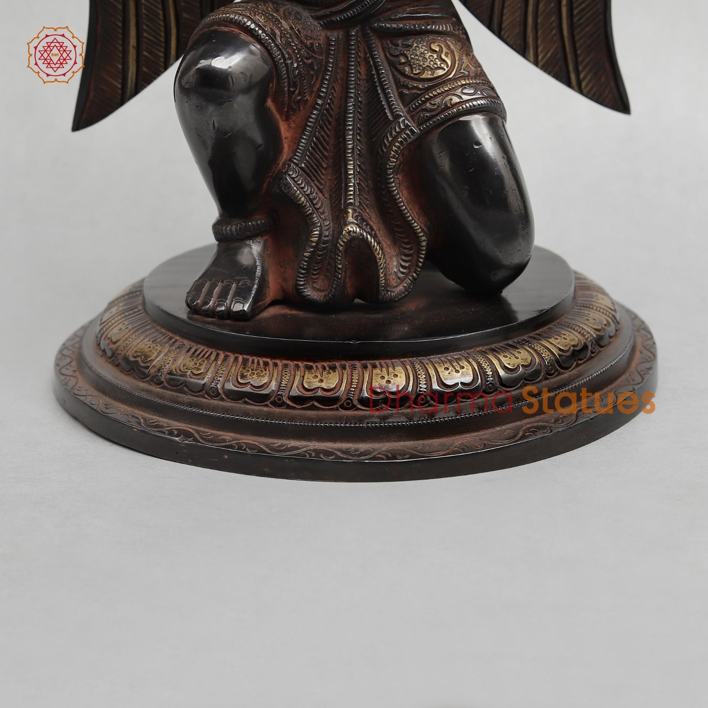 Brass Garuda Seated With Mantra in the Wings Fine, Royal Black with Red Hues Finish 12”