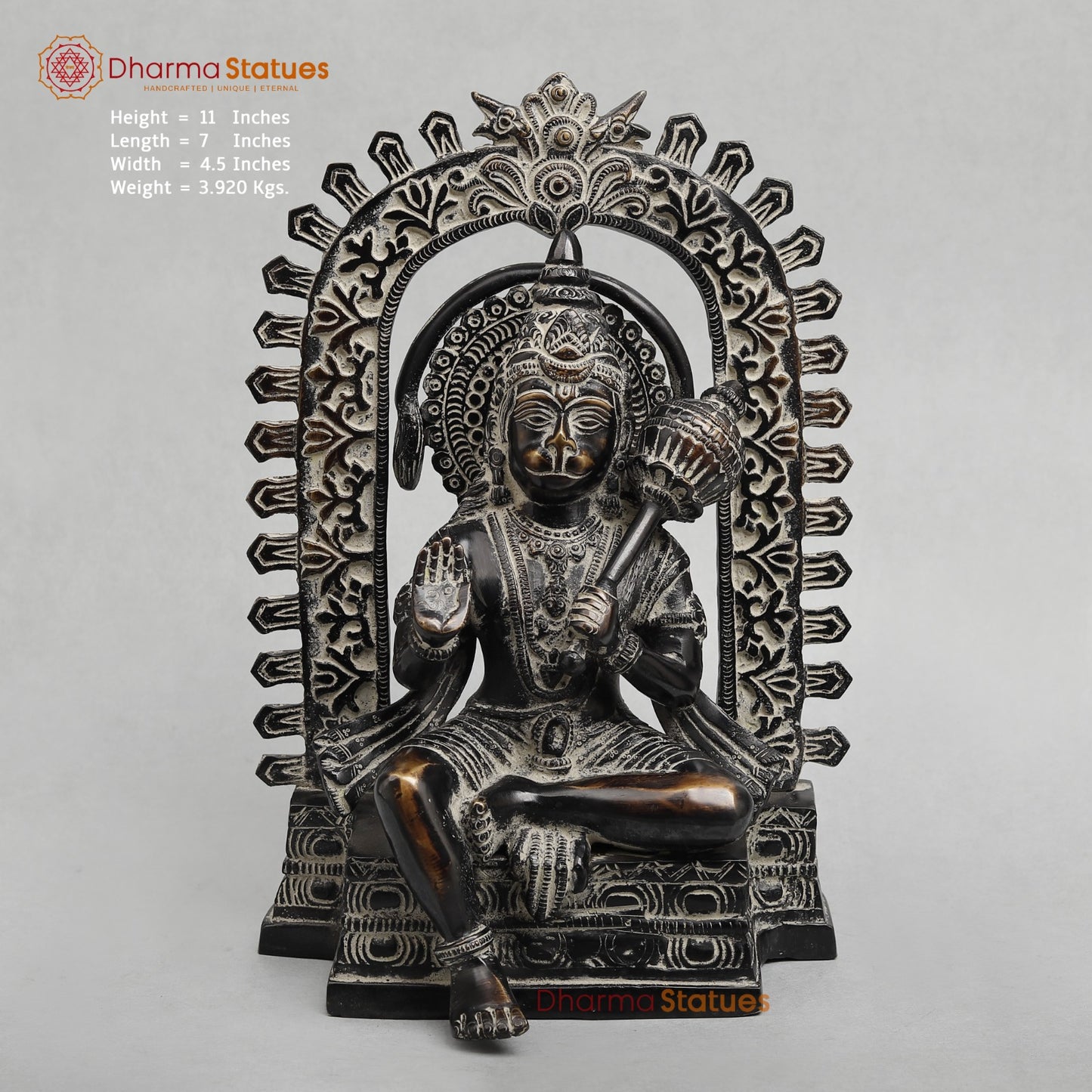 Brass Hanuman Seated with Frame Fine, Antique finish 11”