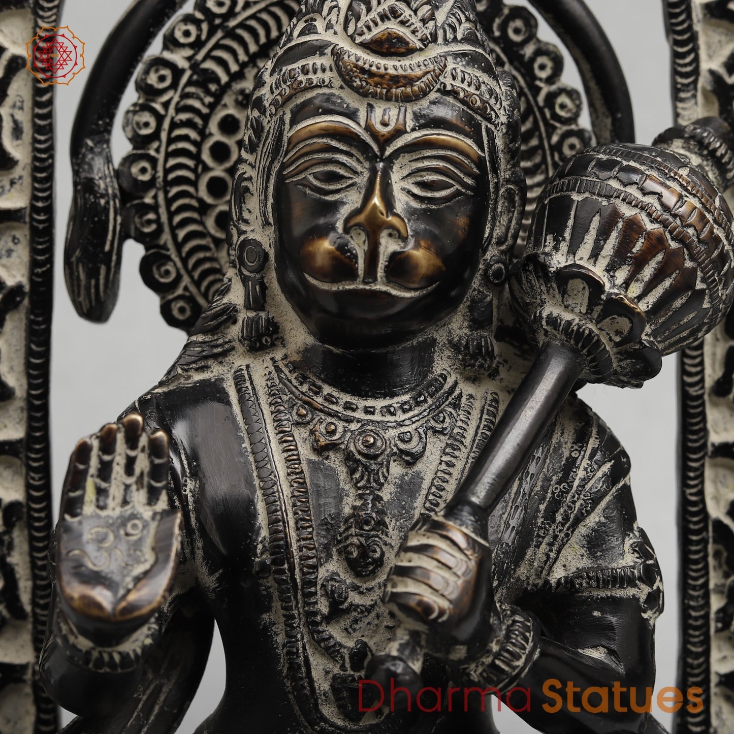 Brass Hanuman Seated with Frame Fine, Antique finish 11”