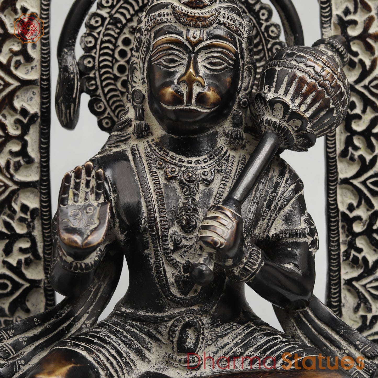 Brass Hanuman Seated with Frame Fine, Antique finish 11”