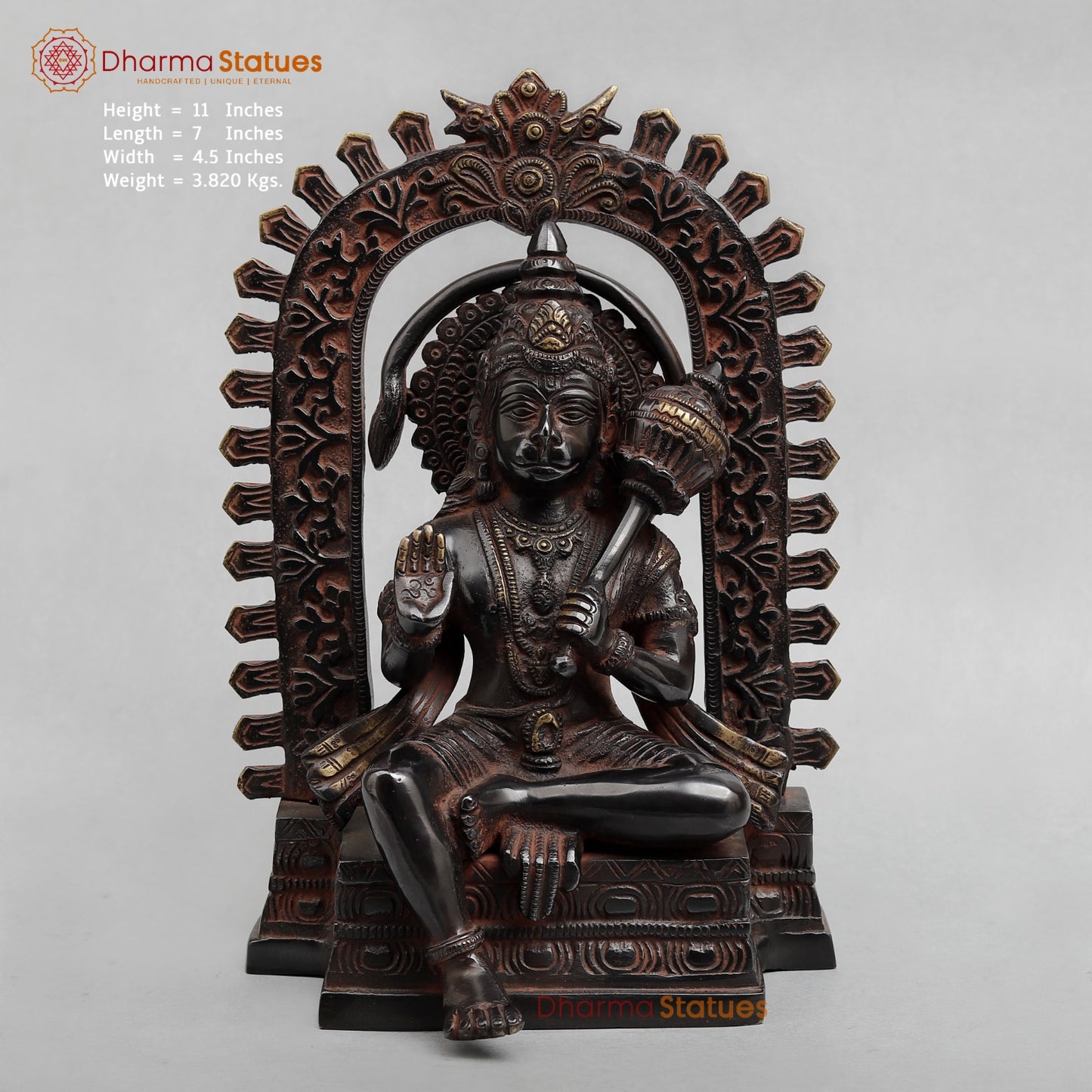 Brass Hanuman Seated with Frame Fine, Royal Black With Red Hues finish 11”