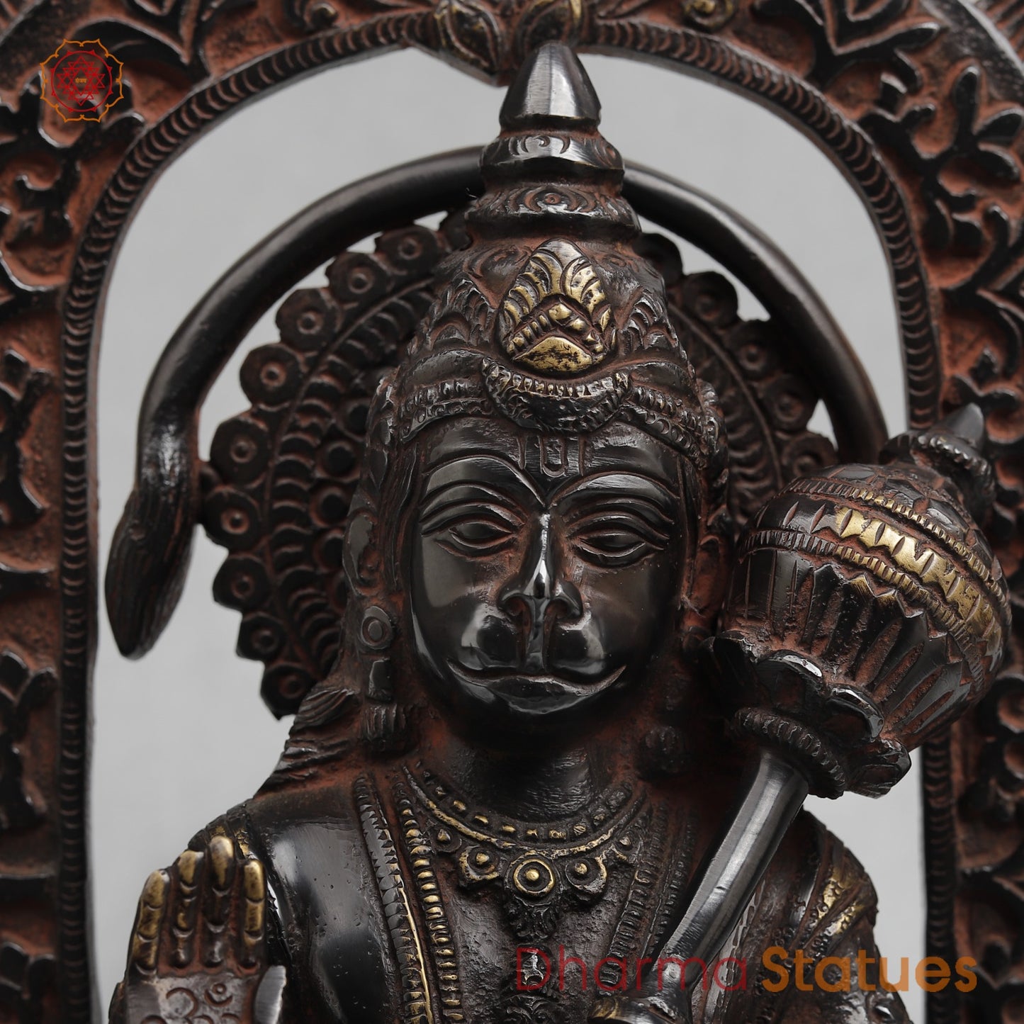 Brass Hanuman Seated with Frame Fine, Royal Black With Red Hues finish 11”