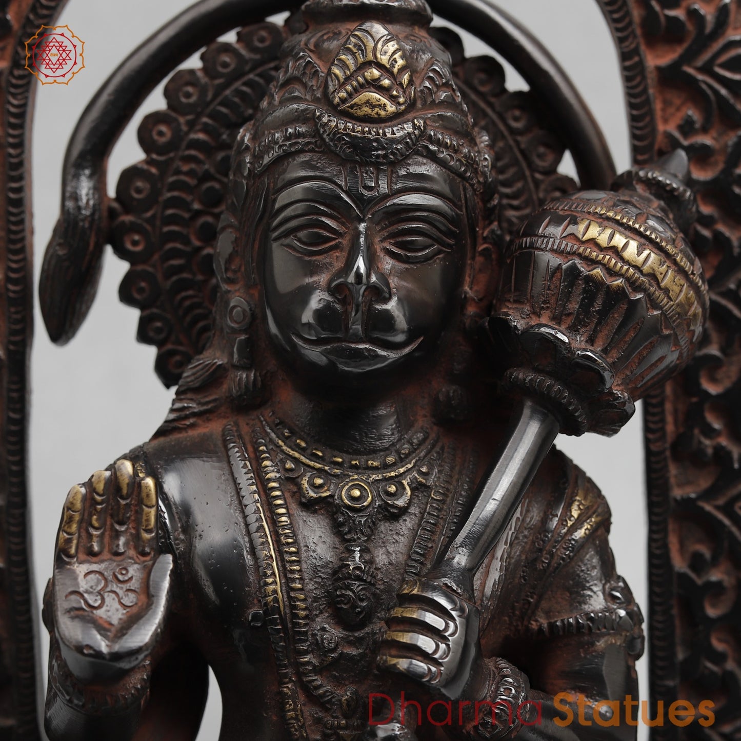 Brass Hanuman Seated with Frame Fine, Royal Black With Red Hues finish 11”