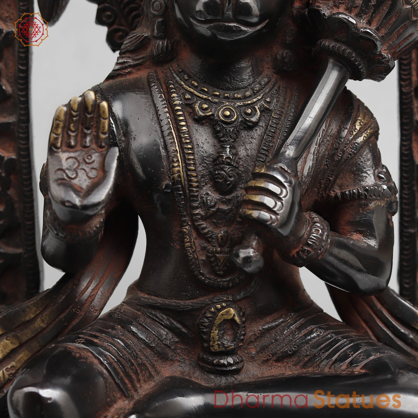 Brass Hanuman Seated with Frame Fine, Royal Black With Red Hues finish 11”